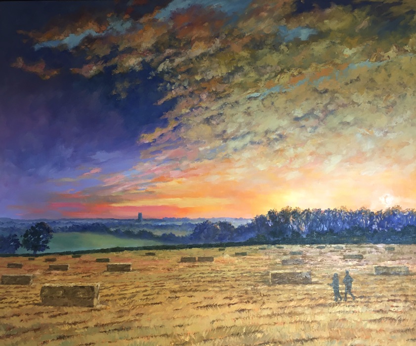 painting of dawn over farmland