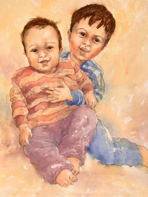 portrait painting of two young children