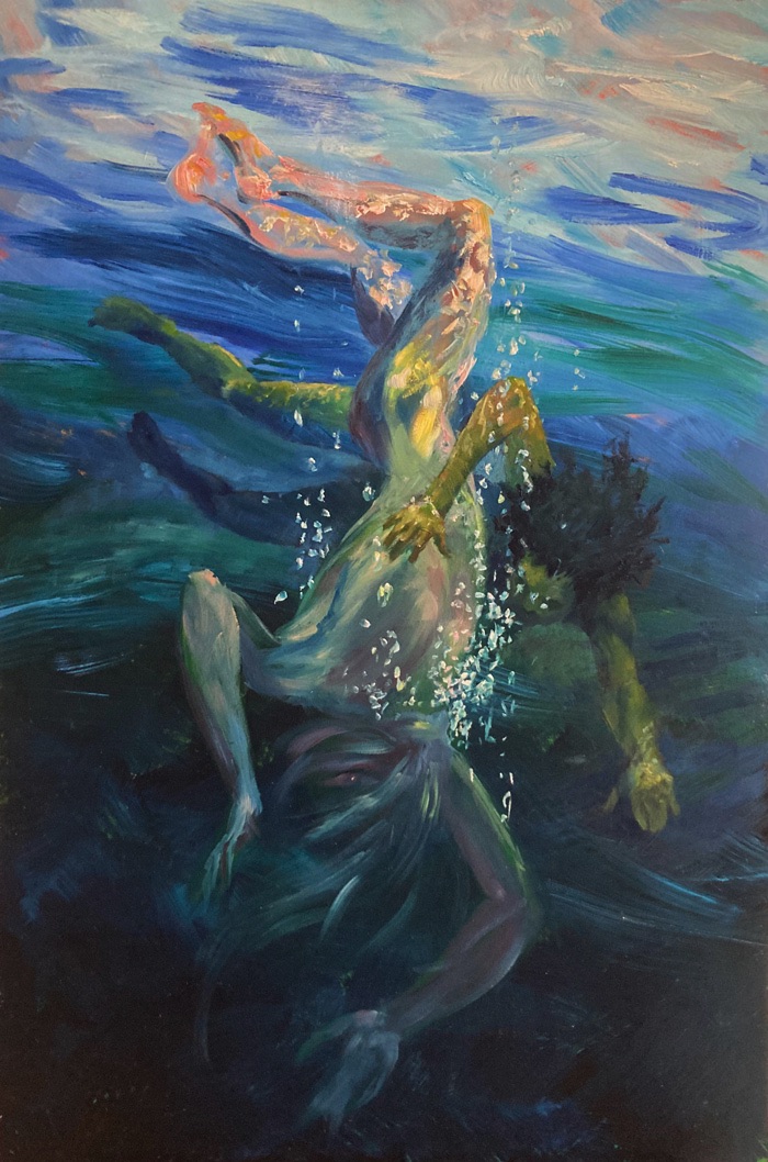 painting of swimming underwater